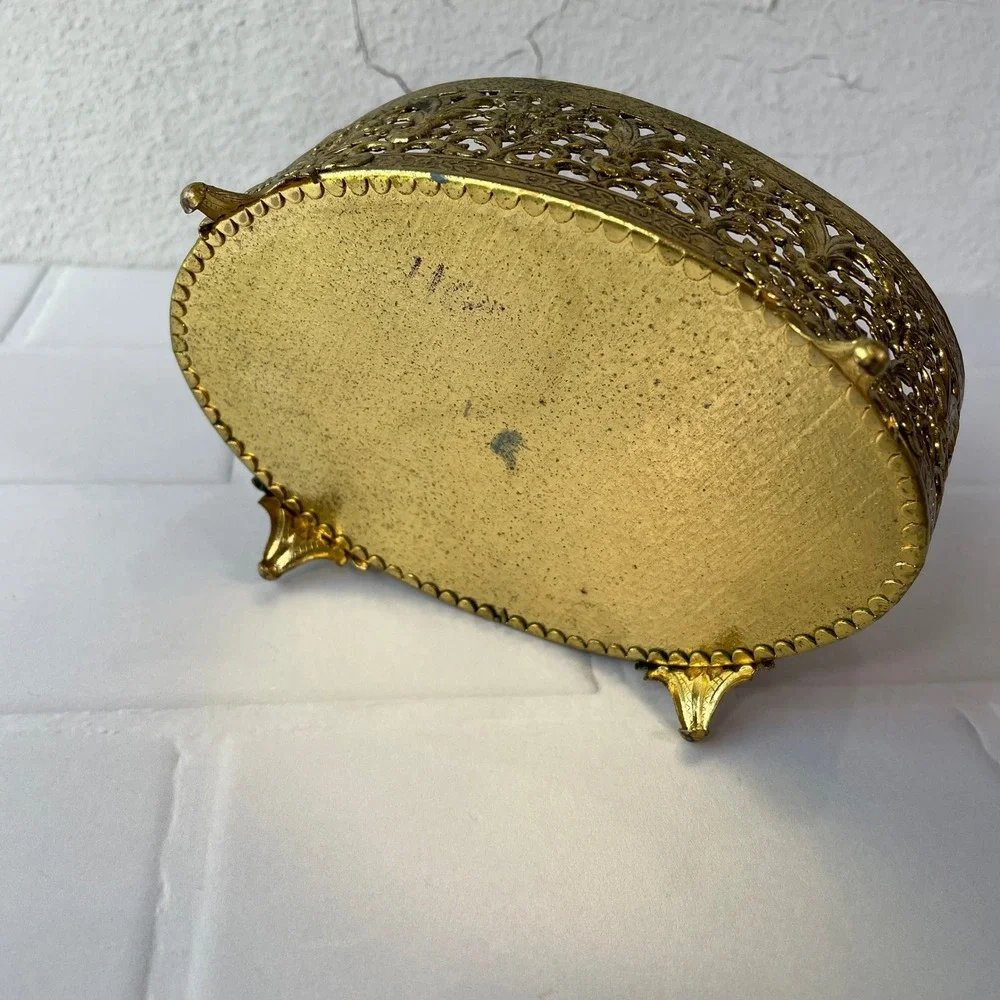 Vintage Gold Filigree Glass Trinket Box Oval Hollywood Regency Jewelry Casket